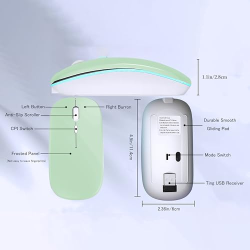 WREANU Wireless Bluetooth Mouse Rechargeable Laptop Mice with LED Lights Silent Slim Use(BT5.2 and 2.4G Portable USB Receiver)Dual Mode Computer Mouse for Laptop/iPad/Tablet/Apple/Computer/Mac(Green) - color: Green Wireless Bluetooth Mouse