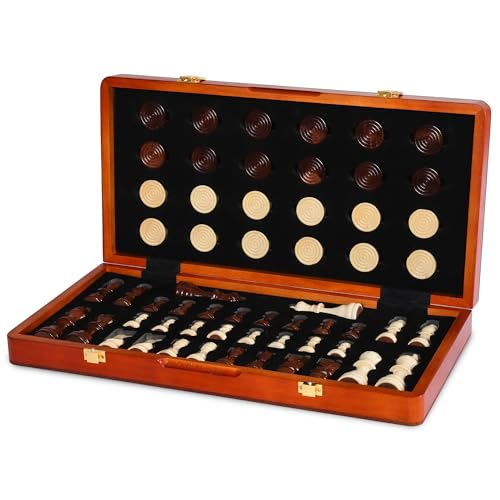 15'' 2 in 1 Wooden Magnetic chess and checkers set (2 Extra Queens, Foldable Chess set & Cotton Storage Bag) Magnetic Chess Sets for Adults with Color Gift Box, Handmade Checkers Board Game
