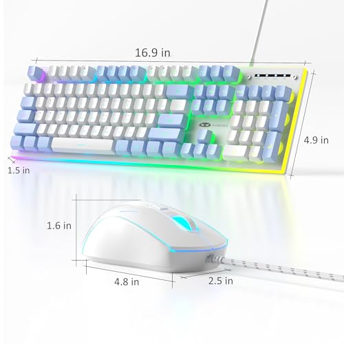MageGee GT838 Gaming Keyboard and Mouse Combo, 104 Keys RGB Backlit Quiet Wired Keyboards for Laptop PC MAC, with Number Pad, Metal Panel, Anti-Ghosting, White Blue - color: White Blue