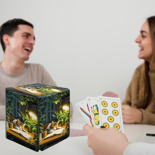 Card Deck Box for MTG Commander,Collectible Trading Storage Box Fits 120+ Single Sleeved Cards Magnetic Case PU Leather for Magic Commander TCG CCG MTG,Cat Book Plant - color: Cat Book Plant