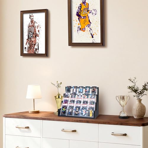 Donmills 4 Tier Card Display Stand, Wooden Trading Card Display Stand Tabletop, Graded Baseball Sports Card Display Shelf for Basketball Football Cards Game Collection, Show & Vendor, Black - color: Black-tabletop