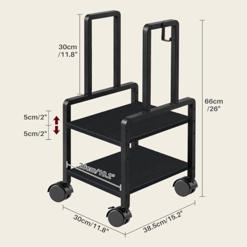 Adjustable 2-Tier PC Stand, Computer Tower Stand with 360° Locking Wheels & Hooks, CPU Cart for Floor, Carpet and Under Desk, 15.2" x 11.8" x 26", Black - color: Black