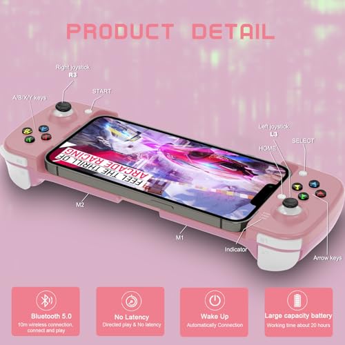 Joso Phone Controller for iPhone/Android Support Phone Case, Mobile Gaming Controller with Ergonomic Design - Wireless Gamepad for Cloud Gaming & PS Remote Play - color: Pink