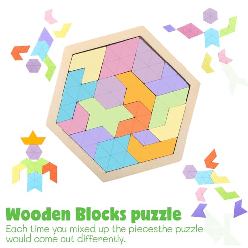 Yunsailing 3 Pack Large Wooden Blocks Puzzles Hexagon Tangram Puzzle Wooden Russian Brain Puzzles for Adult Challenge Teasers Geometric Jigsaw Logic Iq STEM Educational Gift Graduation(Fresh) - style: Fresh