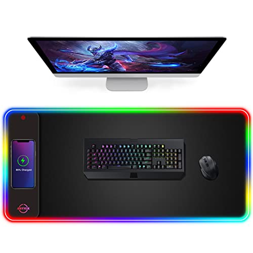 RGB LED Mouse Pad with 15W Wireless Charger Gaming Mouse Pad with 10 Light Modes, Extra Large Mousepad Non-Slip Rubber Base Computer Keyboard Mat for Men