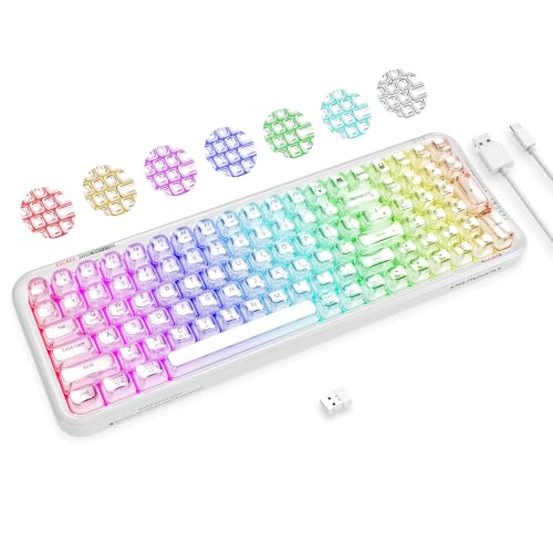 FOPETT Wireless Computer Keyboard with RGB Backlit, Tri-Mode Bluetooth 5.0/USB-C/2.4GHz Ergonomic Gaming Keyboard - Full-Size Rechargeable Transparent Keycap for Laptop/Windows/PC - White - color: 732 White
