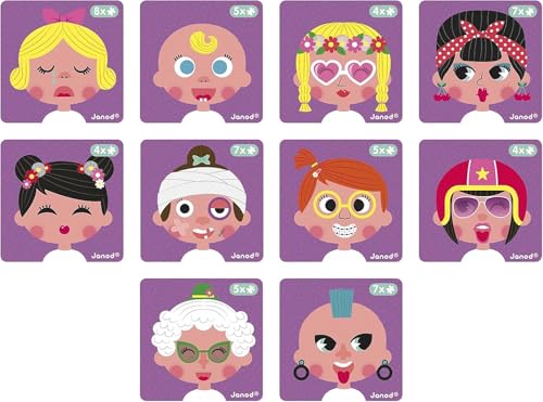 Janod MagnetiBook 66 pc Magnetic Girl Crazy Face Dress Up Game - Ages 3+ - Creative Play - Enhances Creativity and Learning - Includes 55 Magnetic Pieces and 10 Cards | Ideal for Kids Ages 3+ - Enhances Creativity and Learning - Fun Travel Activity - Incl