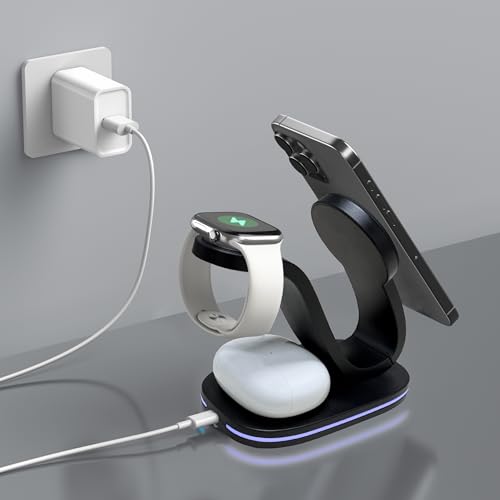 Wireless Charging Station, 2026 Upgraded Fast 15W 3-in-1 Charger Station for iPhone 17/16/15/14/13/12 Series, Watch Airpods 1-8/Ultra, iPad, AirPods