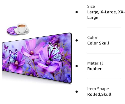 Desk Pad Mat Gaming Mouse Pads with Coasters,Stitched Edges Design Mouse Pad XXL Large Mouse Pad for Laptop Computers Purple Flowers and Butterflies Desk Writing Mat for Office & Home - color: Purple Flowers and Butterflies