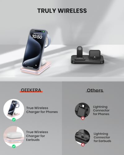 GEEKERA Wireless Charger, 3 in 1 Wireless Charging Station for iPhone Air/17/16/15/14/13/12/11/Pro Max/X/8, Phone and Watch Charger Stand for Apple Watch Ultra 3-2/11-2/SE, AirPods Pro/4/3/2, Pink - color: pink