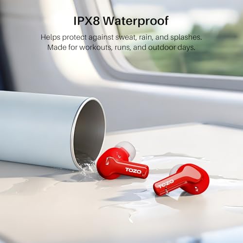 TOZO Hybrid Active Noise Cancelling Wireless Earbuds 6 Mics AI Clear Call | 68H Playtime LED Display 32 Preset EQs App Bluetooth 5.3 IPX8 Waterproof Ear Buds - color: Red