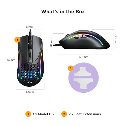 Glorious Gaming - Superlight Wired PC Gaming Mouse with Honeycomb Shell, 6 Programmable Buttons, RGB Lighting & PTFE Skates - Model D 2, Matte Black