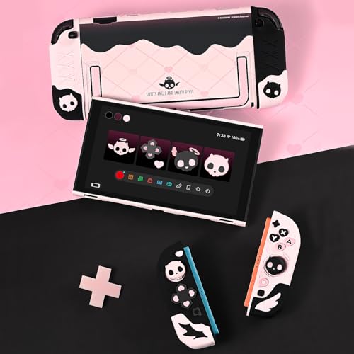Geekshare Protective Case Set Compatible with switch 2, PC Back Plate with Silicone Joysticks Covers, Includes 2 Thumb Grips, Waterproof Protection - Sweetheart Skull (Black & Pink) - size: for Switch 2