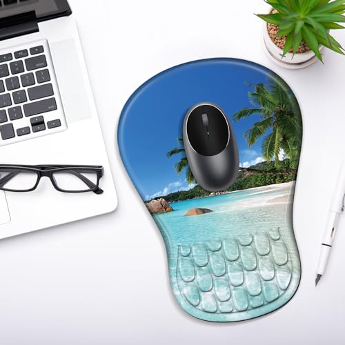 YIWEI Ergonomic Mouse Pad with Wrist Rest for Carpal Tunnel Pain Relief | Memory Foam Wrist Support,Non-Slip Rubber Base, Keyboard Computer Mousepad,Lycra Cloth Surface,Gaming and Home Office - color: Beach