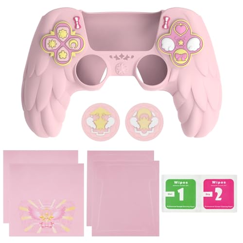 PlayVital Magic Wings Protective Silicone Cover Skin for ps5 Controller – Soft Anti-Slip Grip Protector Case for ps5 Controller with Thumbstick Caps & Stickers, Charging Station Compatible - Pink - color: Pink