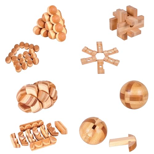 18 Pack Wooden Brain Teaser Puzzles Stress Relief Toys Wooden Burr Puzzles Brain Teaser Puzzle with Gift Packing Box Magic Puzzle Games Toy for Kids and Adults by AHYUAN (Bamboo) - style: Bamboo