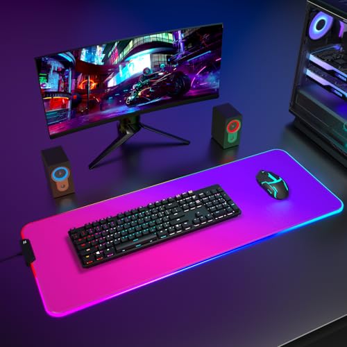 ITNRSIIET RGB Gaming Mouse Pad Full Desk XL Extended Large Gaming Mousepad 12 Lighting Modes, 30% Thicker, Big LED Desk Mat for Keyboard Men Gamers Esport Pros, 32" x 12",Gradient Red Purple - color: Z-gradient Red Purple