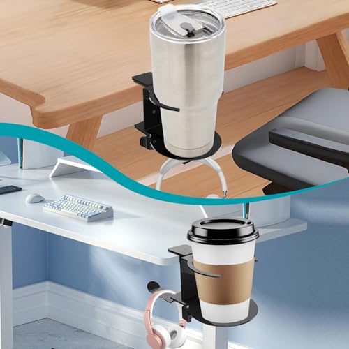 Metal Large Desk Cup Holder with 360° Rotating Headphone Hanger Under Desk, Anti-Spill Table Cup Holder Clamp for Coffee Mugs Bottles, Headset, Pencil Holder.