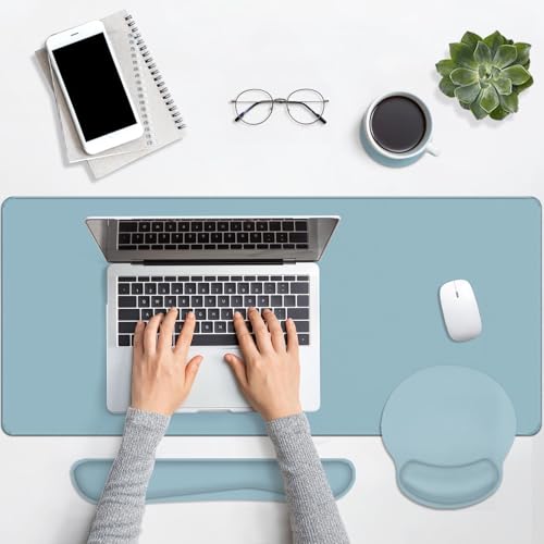 Britimes Blue Keyboard Mouse Pad Set Blue 4 in1 Large Mousepad+Keyboard Wrist Rest+Mouse Wrist Rest+Coaster Ergonomic Design for Home Office Computer 35.4x15.7Inches - color: Blue