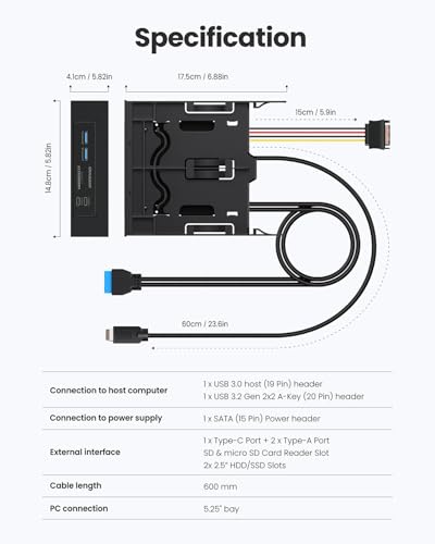 GRAUGEAR 5.25” Front Panel USB Hub, Internal SD/microSD Card Reader for Desktop PC, Gen2x2 20Gbps USB-C Port, Dual 2.5" SSD/HDD Slots, USB3.2 Type-E Key-A & USB3.0 19-Pin Header