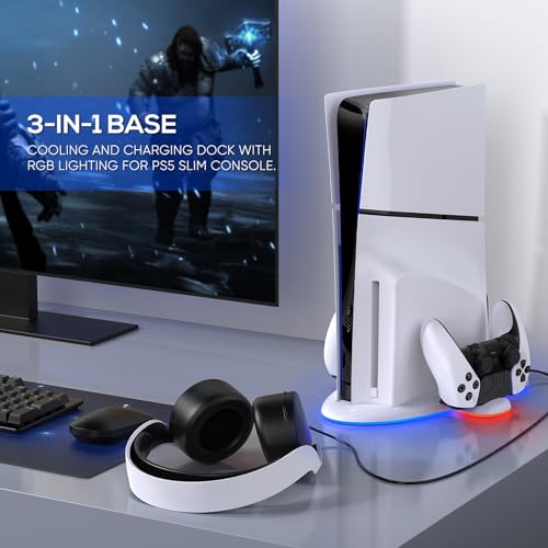 FASTSNAIL Charging Stand with Cooling Fan Only for PS5 Slim Console | Fast Controller Charger Station for DualSense/Edge, 9 RGB Light, Quiet Cooling System Accessories for PS5 Slim Digital/Disc