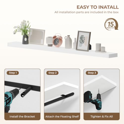 60 inch Long White Floating Shelves Set of 1 | Solid Wood Large Wall Shelves with Invisible Brackets for Living Room, Bedroom, Bathroom, Kitchen, Laundry Room (White, 60 Inch) - color: White, size: 60 Inch set of 1