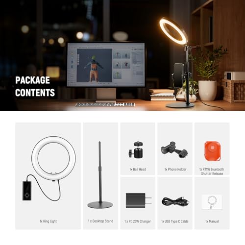 NEEWER 8" 18W High Power Desk Ring Light with Stand & Phone Holder, Circle Selfie Ringlight for iPhone Streaming Vlogging Recording, Video Conference Lighting Kit for Laptop Computer Zoom Call, RH8B