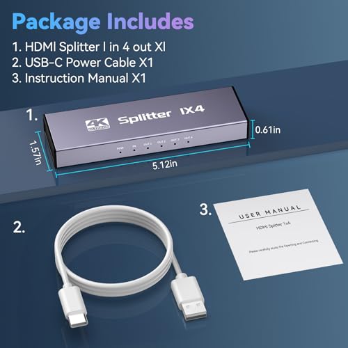 HDMI Splitter 1 in 4 Out, 4K@30Hz HDMI Splitter 1x4 Support 3D 1080P Full HD Compatible with PS5/4/3 Xbox Nintendo Roku HDTV Fire Stick Blu-ray - Silver (Only Mirrors Screens) - color: 1x4 4K@30Hz