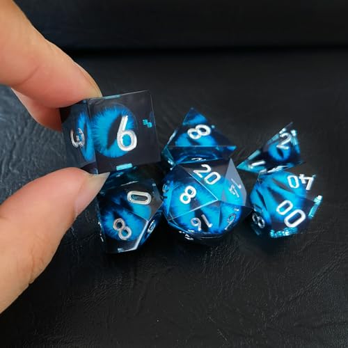 BESCON Dragon's Eye Sharp Edged Polyhedral Dice Set of 7, Handmade Dragon's Eye Dice for Role Playing Game - color: Blue Eye Set