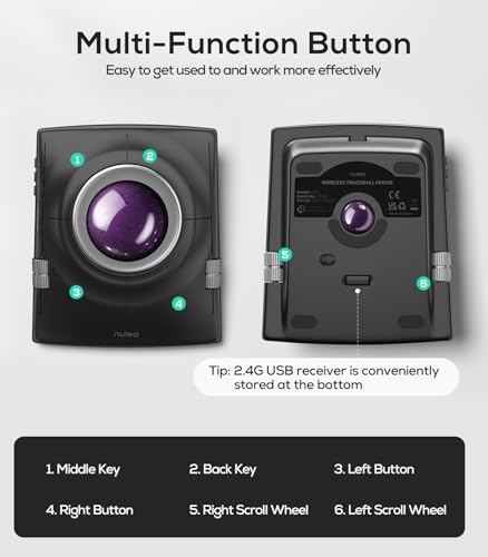 Nulea M512 Wireless Trackball Mouse, Ergonomic 55mm Trackball, Adjustable DPI for Precise Control, Left or Right Hand Compatible, Rechargeable, Multi-Device Bluetooth & 2.4GHz for PC(Purple) - color: D-Purple