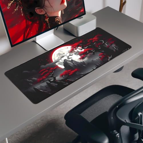 FreeNook Large Gaming Mouse Pad, Anime Black Mousepad with with Non-Slip Base, Expanded Cool Desk Mat, Mountain Moon Scenery XL Keyboard Mat Suitable for Home Office,31.5 X 11.8 Inch - color: Trees Mountains, size: 31.5L x 11.8W inches