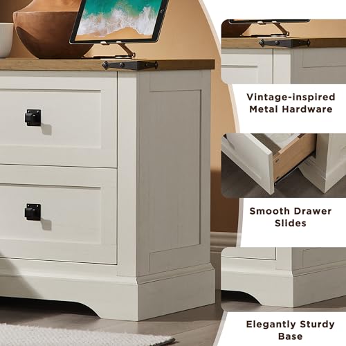 T4TREAM 24" Farmhouse Nightstand with Charging Station, Antique White | End Table, 2 Large Storage Drawers, Rustic Wood Sofa Bedside Table, Bedroom, Living Room - color: Antique White, size: 24"W*15.75"D*24"H