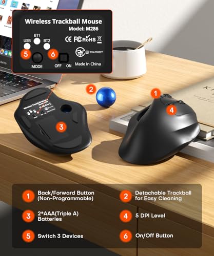 Ergonomic Wireless Trackball Mouse, 3 Device Connection (Bluetooth or 2.4G USB Receiver) Bluetooth Quiet Computer Mouse, 2*AAA Battery Thumb Laptop Mice with 5 Level DPI for PC/Laptop/Mac/Windows Blue - color: Blue