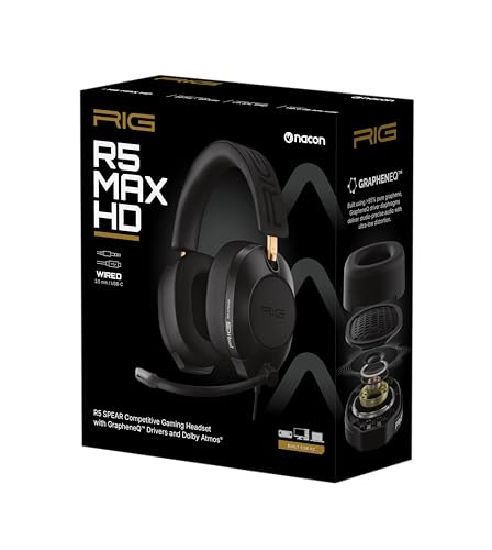 RIG R5 Spear MAX HD Wired PC Gaming Headset | 40mm GrapheneQ™ Drivers, USB-C Audio DAC, Dolby Atmos 3D Audio, Detachable Noise-Canceling Mic, Memory Foam, 3.5mm, USB-C - color: Black