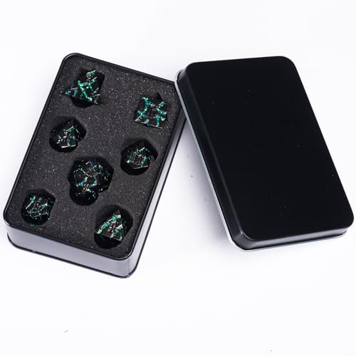 Cracked Rune Metal Dice Set for DND & RPG – Dark Fantasy Fractured Design, Premium Heavy Metal Polyhedral Dice with Deep Engraved Numbers, 7-Piece Set – Green Mystic Vein - color: Black Nickel Green