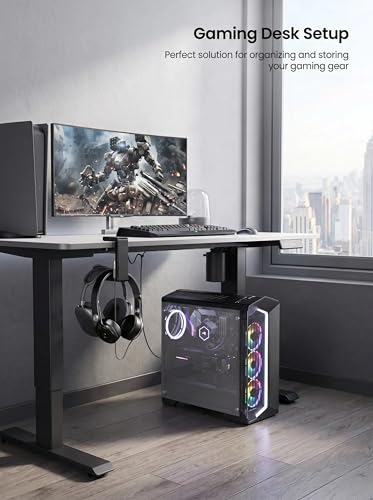 Rotating Headphone Stand, PC Gaming Headset Holder, Adjustable Clamp-on Headphone Mount, Headphones Hanger Hook Under Desk with 360 Degree Swivel, Cable Clip Organizer