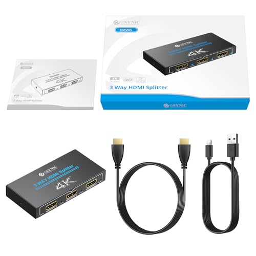 eSynic 4K@30Hz HDMI Splitter 1x3-1 in 3 Out HDMI Splitter for Dual Monitors-Plug & Play-Supports1080P 3D HDCP Bypass – for PS4/PS5, Projector, PC, TV, Office Conference -Only Mirror No Extend Mode - size: 1 in 3 Out