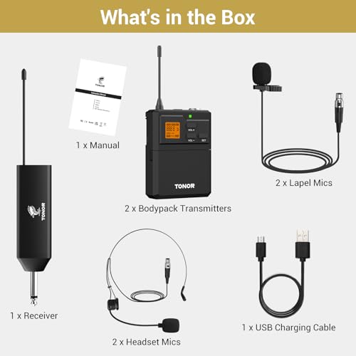 TONOR UHF Wireless Microphone System with Headset Lavalier Lapel Mic, Bodypack Transmitter, Rechargeable Receiver, 2 * 15 Channels 60 m/200ft Range 1/4" Output for Recording, 2 Bodypack Mics