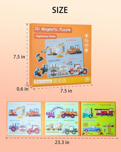 Magnetic Puzzles for Toddlers 3-5, Travel Puzzles for Kids Ages 1-3, Engineering Vehicle Wooden Jigsaw Puzzles Book for Kids 2-4 Learning Gift for Road Trip (Excavator) - style: Engineering Vehicle