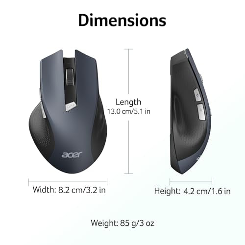 acer Wireless Mouse for Laptop, 2.4GHz Computer Mouse 3 Adjustable DPI Office Cordless USB Mice with USBA Receiver, 6 Buttons, 1600 DPI, Medium to Large Sized Hands Compatible with PC, Laptop, Desktop