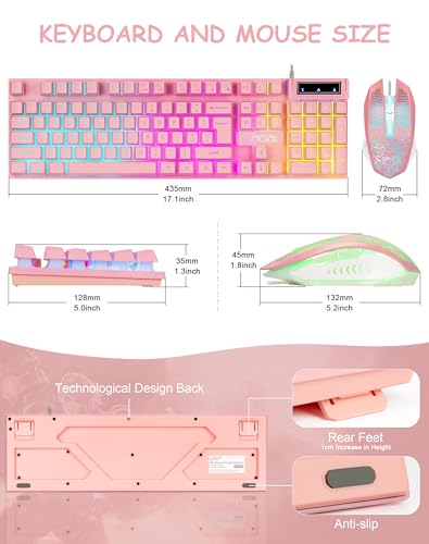 Wired Pink Gaming Keyboard and Mouse Combo with LED Backlit for PC Laptop | Multimedia Function Keys, 19 Key Anti-ghosting, Number Pad, 104 Keys Light Up Keyboard & RGB Mouse Set for Computer PS5 Xbox