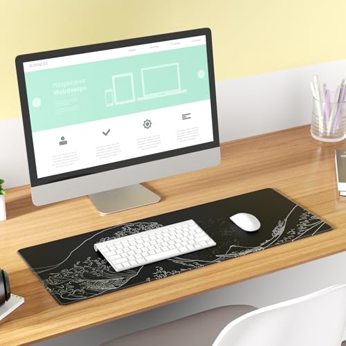 KTRIO Large Gaming Mouse Pad, Desk Mat, 31.5 x 11.8 in, Kanagawa Wave, XL | Smooth Micro-Weave Surface, Artistic Pattern Design, Non-Slip Rubber Base, Durable Stitched Edges, Office & Home Use - color: Kanagawa Wave, size: 31.5l X 11.8w Inches
