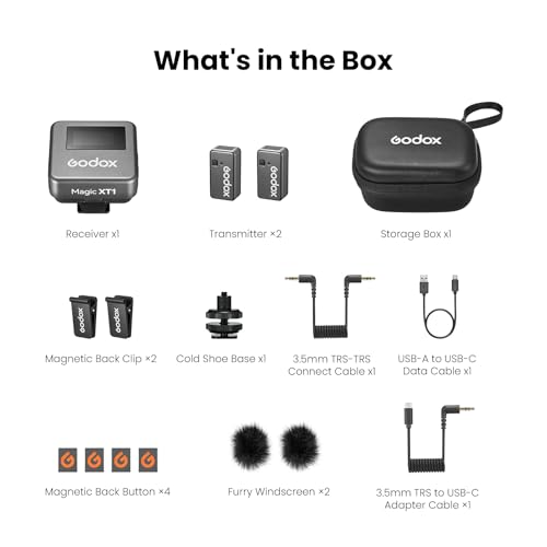 GODOX Magic XT1 Wireless Lavalier Microphone System | 48kHz 24-bit audio, touchscreen, noise reduction, 200m transmission, 16hr runtime, mono/stereo mode, with charging case