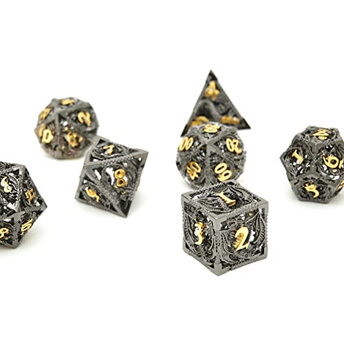 Metal DND Dragon Dice Set Dungeons and Dragons for Role Playing Games (RPG) MTG Pathfinder Tabletop Games(Black Gold) - color: Black/Gold