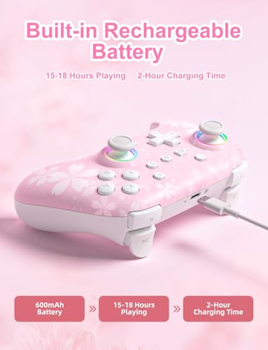 PHNIXGAM Pink Wireless Controller for Switch, Sakura | Switch/Lite/OLED/PC/Steam Deck/iOS/Android Compatible. Programmable buttons/RGB/motion control/vibration/turbo. 18hr battery. - color: Pink
