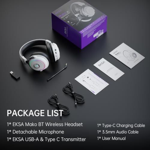 EKSA Wireless Gaming Headset with Detachable Microphone for PC,PS5,PS4 | Bluetooth Gaming Headphones with RGB, 30ms Latency, 50H Battery for Switch,Mobile,Mac,Computer, Stereo Sound Wired PC Headset - color: White