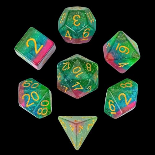Glitter DND Dice Set Green Polyhedral Dice for D&D Tabletop Games | Leather Storage Bag, DM Gift, for Dungeons and Dragons Role Playing Games - color: Glitter-green&blue&pink