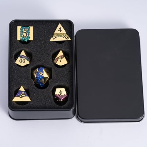 Galaxy Metal Dice Set, 7PCS Polyhedral DND Dice with Glitter Resin Inlay, Heavy Metal RPG Dice for Dungeons and Dragons Tabletop Games - color: Imitation Gold Seven Colors