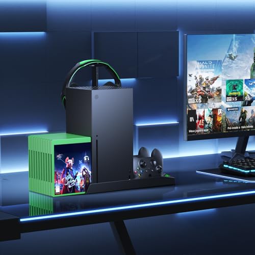 YUANHOT Cooling Stand Charging Station for Xbox Series X Console & Controller - Vertical Dock with 2 Rechargeable 1400mAh Batteries, Fan Cooling, Headset Holder & Disc Storage