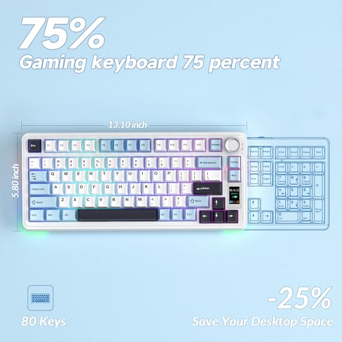 AULA S75 PRO Wireless Mechanical Keyboard with Screen&Knob, 75% Hot Swappable Gaming Keyboard with Pre-lubed Switches, RGB Backlit, PBT Keycaps Creamy Sounding Pc Gaming Keyboards - color: White&Blue